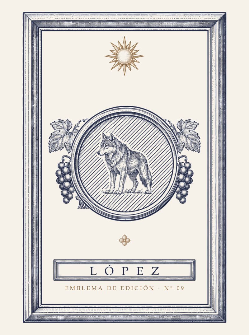 Emblema de edición del apellido López: un lobo dentro de un medallón rayado, entre hojas y racimos de vid, con un sol arriba y la inscripción «López · Emblema de edición · Nº 09».