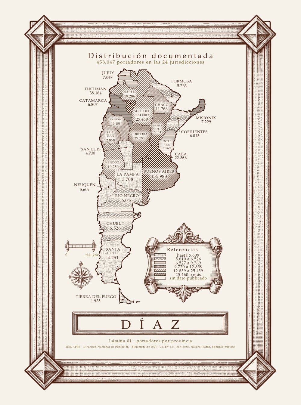 Lámina grabada del informe de Díaz: mapa de la Argentina con los portadores del apellido en cada provincia.