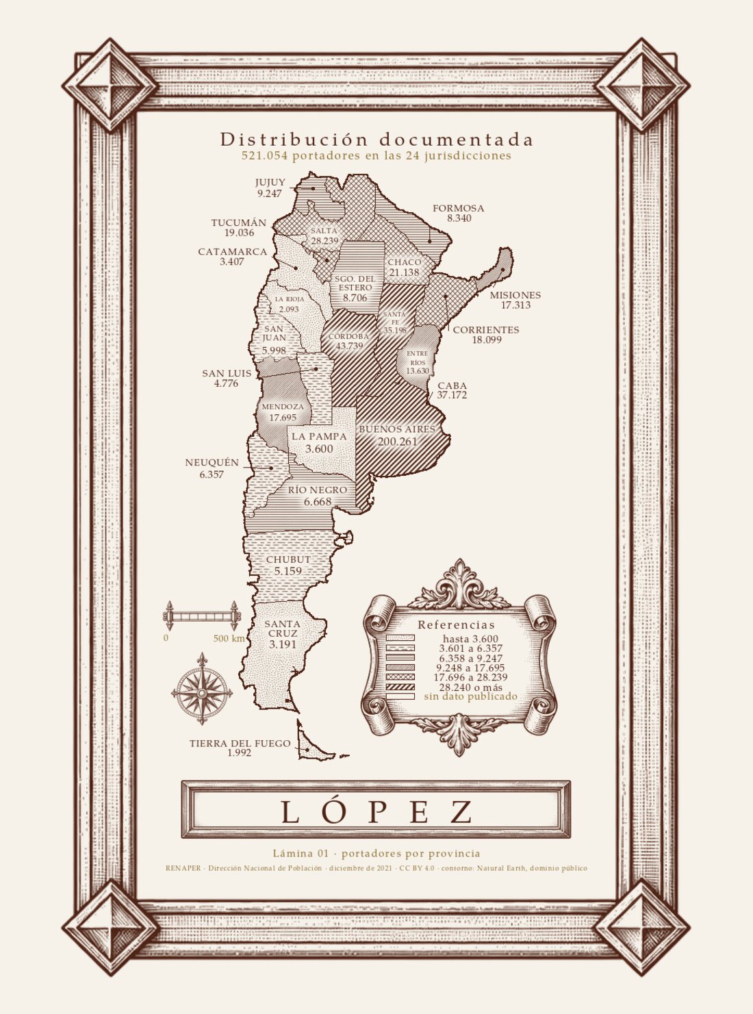 Mapa grabado de la Argentina con la cantidad de portadores del apellido López en cada provincia.