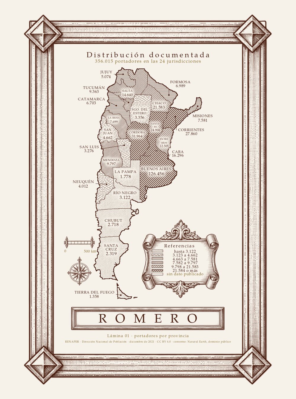 Mapa grabado de la Argentina con la cantidad de portadores del apellido Romero en cada provincia.
