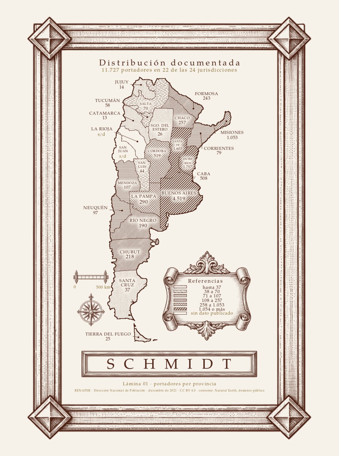 Mapa grabado de la Argentina con la cantidad de portadores del apellido Schmidt en cada provincia.