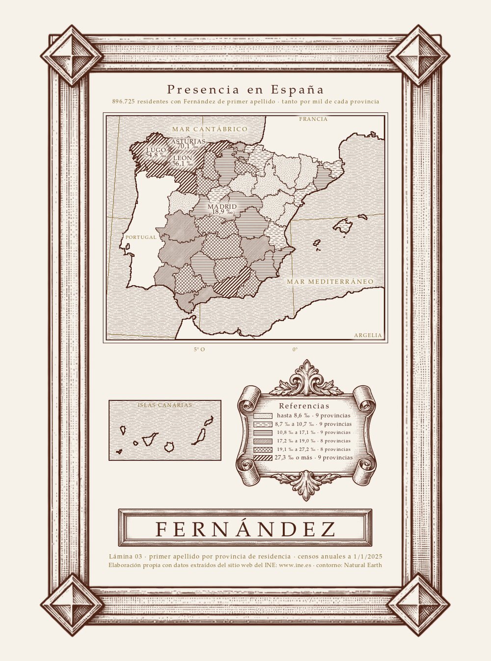 Lámina grabada del informe de Fernández: mapa de España con la frecuencia del apellido por provincia.