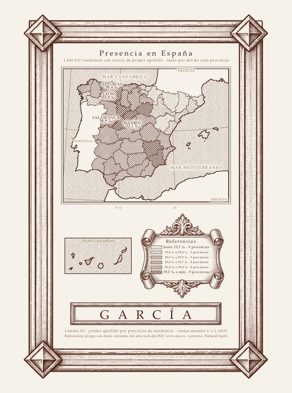Mapa grabado de España con la frecuencia del apellido García por provincia.