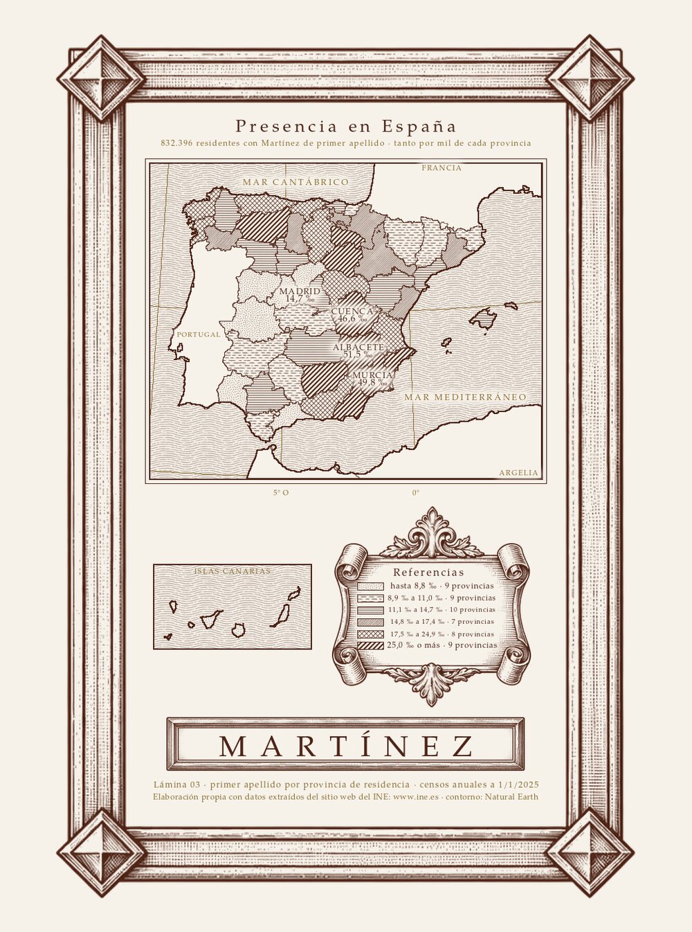 Mapa grabado de España con la frecuencia del apellido Martínez por provincia, con el sudeste como la zona más densa.