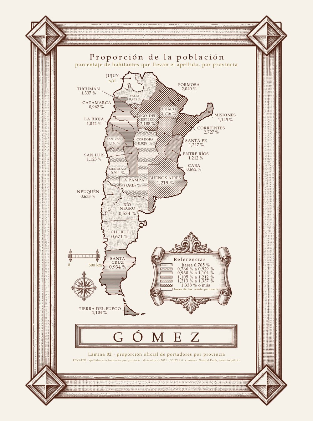 Lámina grabada del informe de Gómez: qué parte de la población de cada provincia lleva el apellido.