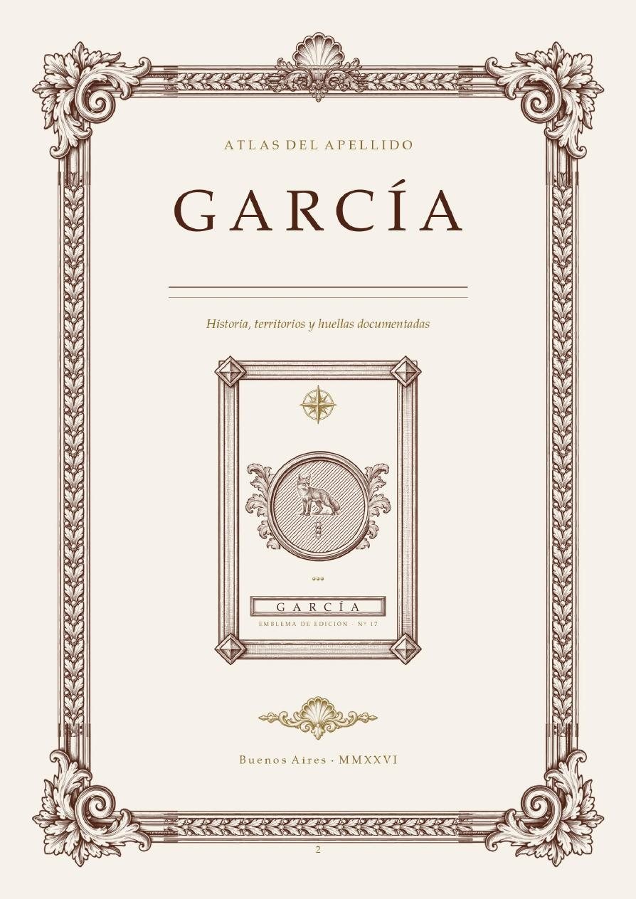 Portadilla del informe del apellido García, con su emblema del zorro dentro de una orla grabada.