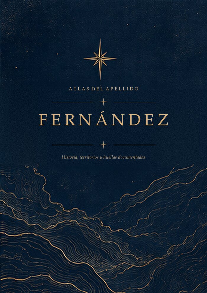 Tapa del informe del apellido Fernández: azul medianoche, con la estrella dorada de ocho puntas y el apellido grabado.
