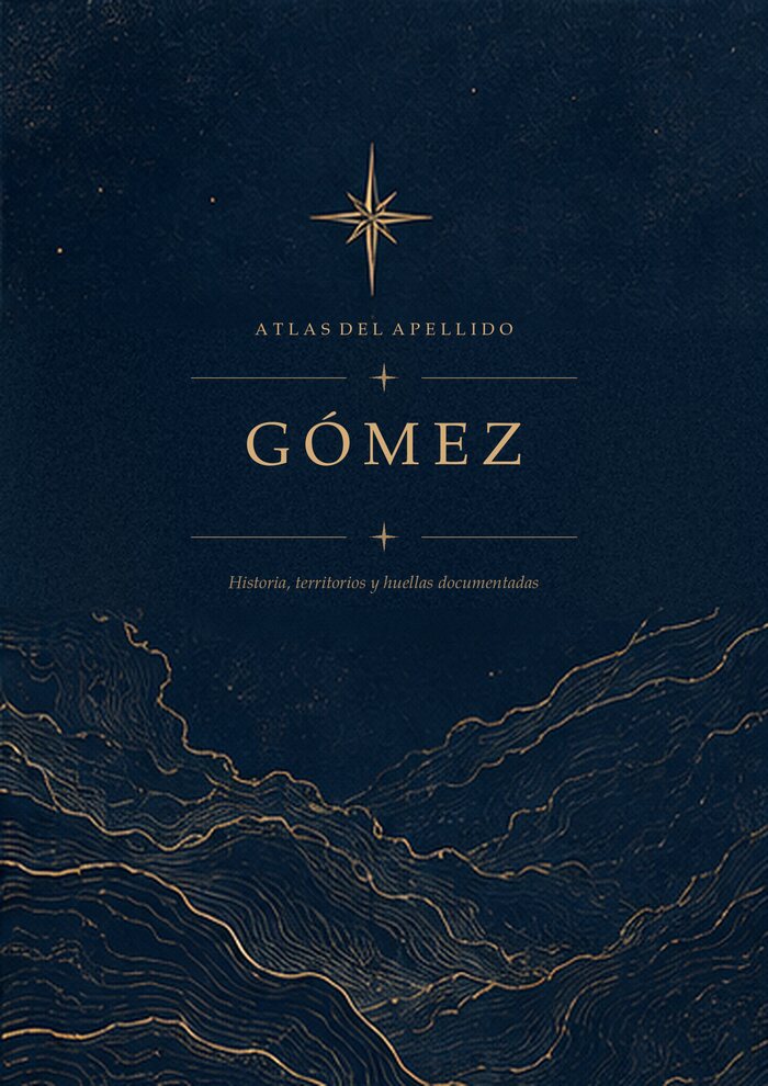 Tapa del informe del apellido Gómez: azul medianoche, con la estrella dorada de ocho puntas y el apellido grabado.