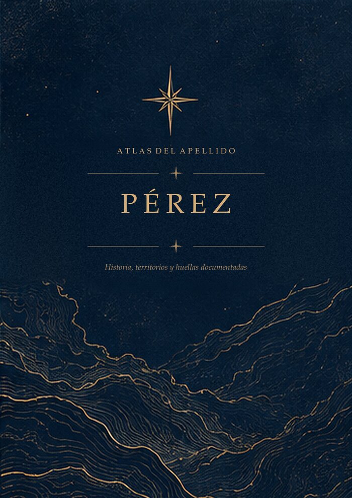 Tapa del informe del apellido Pérez: azul medianoche, con la estrella dorada de ocho puntas y el apellido grabado.