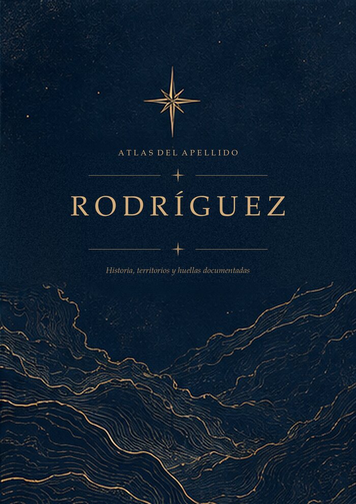 Tapa del informe del apellido Rodríguez: azul medianoche, con la estrella dorada de ocho puntas y el apellido grabado.