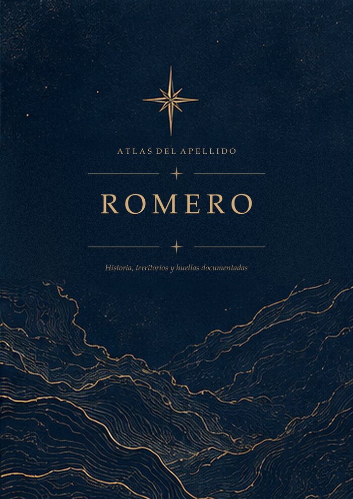 Tapa del informe del apellido Romero: azul medianoche, con la estrella dorada de ocho puntas y el apellido grabado.