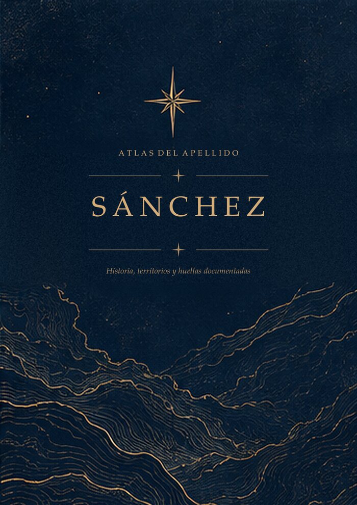Tapa del informe del apellido Sánchez: azul medianoche, con la estrella dorada de ocho puntas y el apellido grabado.