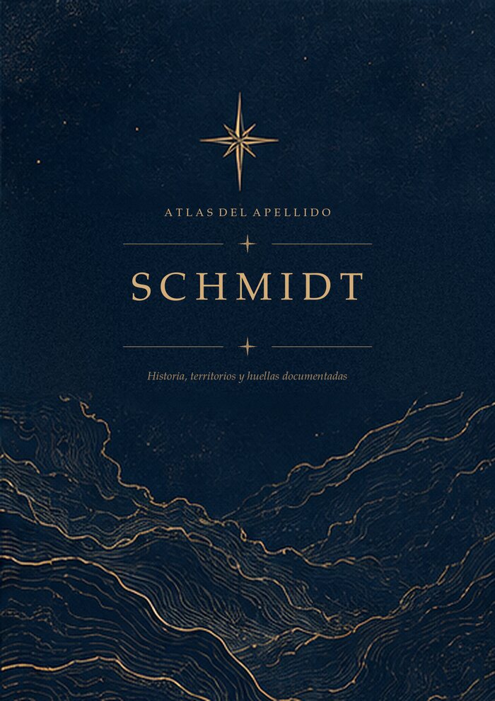 Tapa del informe del apellido Schmidt: azul medianoche, con la estrella dorada de ocho puntas y el apellido grabado.